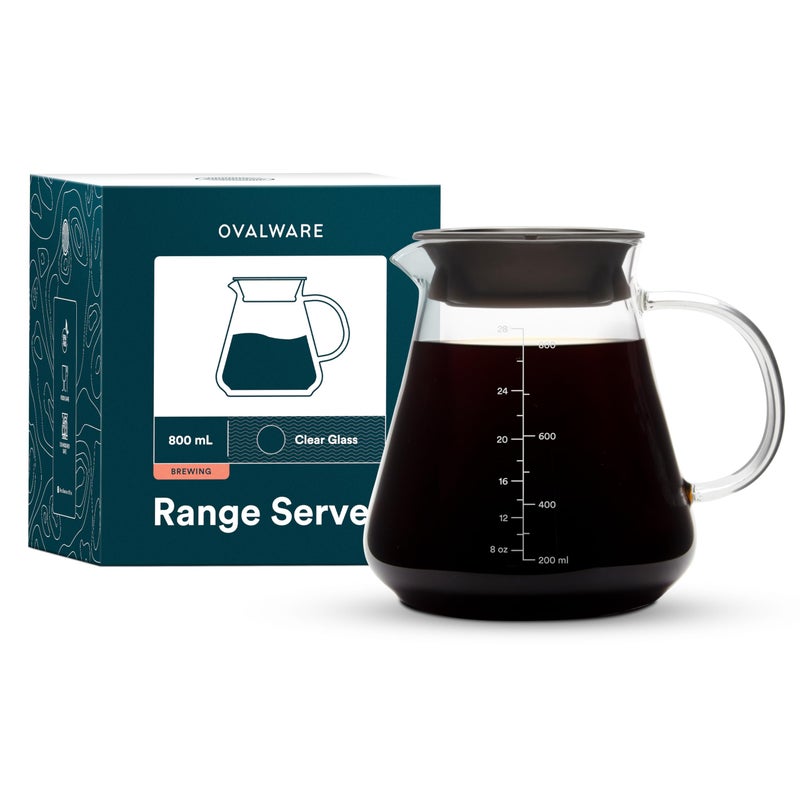 ovalware Glass Range Coffee Server For Pour Over Coffee & Tea - 800ml/27oz Ovalware Microwave Safe & Heatproof 2.5mm Thick Glass Body - Image 1